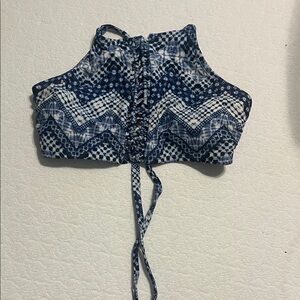 Blue Patterned Lace-Up High Neck Crop Top